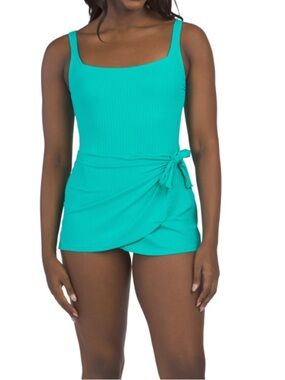 Ellen Tracy Turquoise One-Piece Wrap Swimdress with Tie